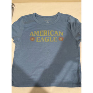Women's American Eagle graphic logo T-shirt Size L Blue yellow short sleeve
